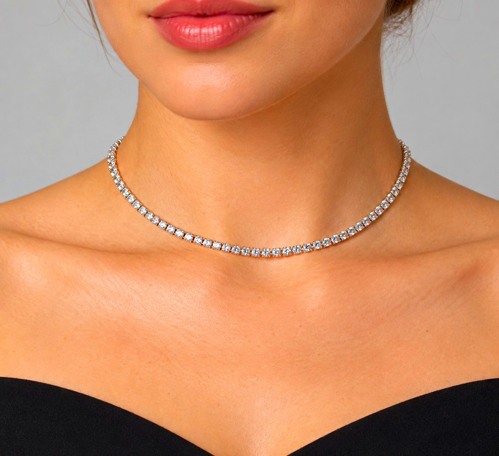 Silver Tone Clear Rhinestone Tennis Choker Necklace Adjustable Bridal Jewelry